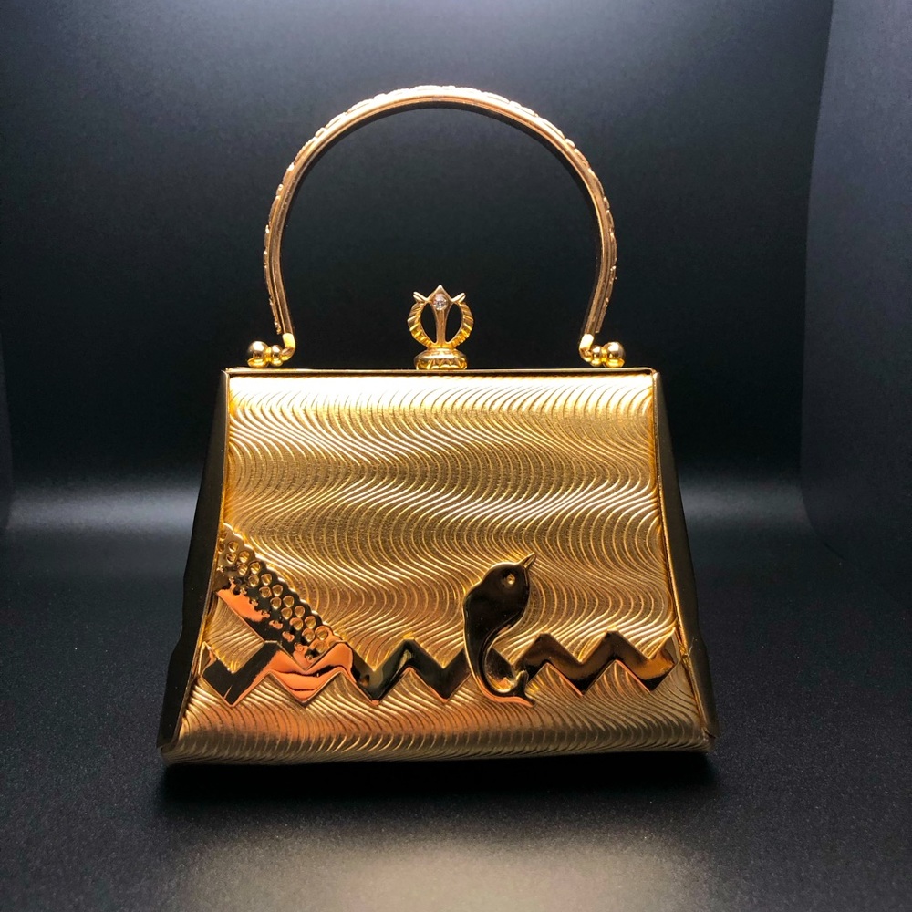 Metallic Gold Satchel Purse with Dolphin Design Removable Chain
